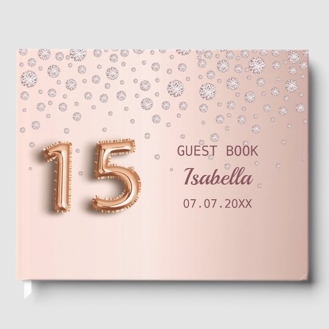 Rose Gold rosa Diamanten Quinceanera Gästebuch (Vorderseite)