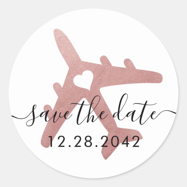 Rose Gold Rosa Flugzeug Zielort Save the Date Runder Aufkleber (Vorderseite)