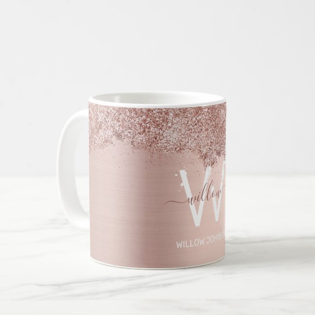 Rose Gold Rosa Girl-Glitzer-Staubmonogramm Kaffeetasse (Vorderseite Links)