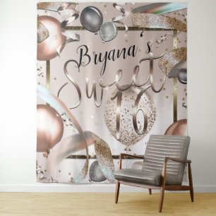 Rose Gold Rosa Glitzer Balloons Sweet 16 Hintergru Wandteppich