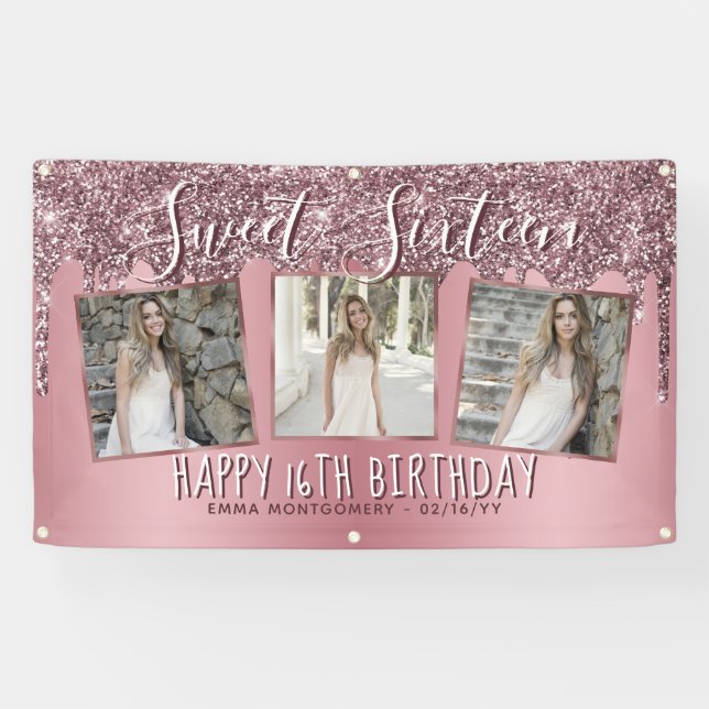 Rose Gold Rosa Glitzer FotoCollage 16. Geburtstag Banner (Horizontal)