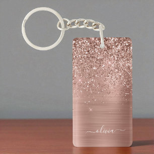 Rose Gold Rosa Glitzer gebürstetes Metal Monogramm Schlüsselanhänger