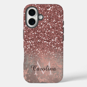 Rose Gold Rosa Glitzer, Graumarmor, Personalisiert iPhone 16 Hülle