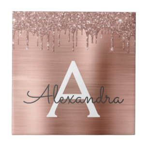 Rose Gold - Rosa Glitzer Metal Monogramm Name Fliese