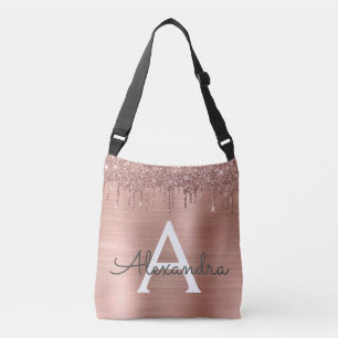 Rose Gold - Rosa Glitzer Metal Monogramm Name Tragetaschen Mit Langen Trägern