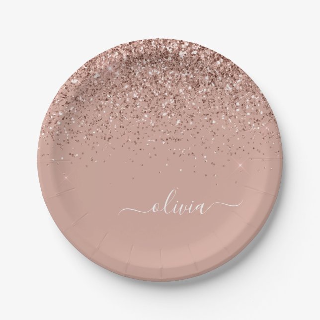 Rose Gold - Rosa Glitzer Monogramm Name Pappteller (Vorderseite)