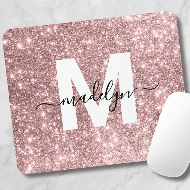 Rose Gold Rosa Glitzer Name Monogram Mousepad (Rose Gold Blush Pink Flitter Name Monogram Mouse Pad)