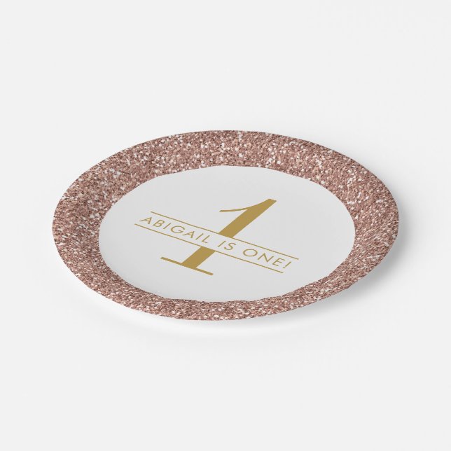 Rose Gold Rosa Glitzer Sparkone Monogramm Geburtst Pappteller (Schrägansicht)