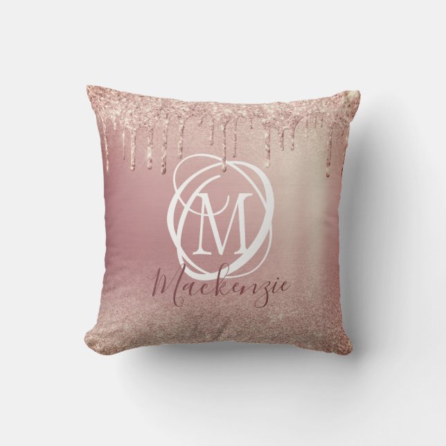 Rose Gold Rosa Glitzer Tropfen Elegantes Monogramm Kissen (Vorderseite)