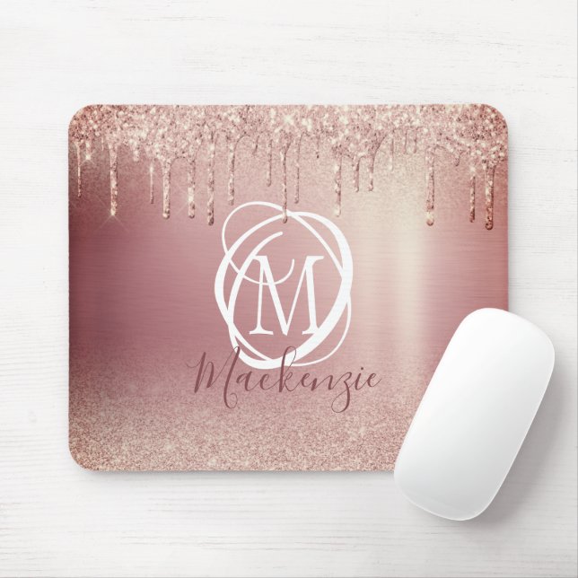 Rose Gold Rosa Glitzer Tropfen Elegantes Monogramm Mousepad (Mit Mouse)