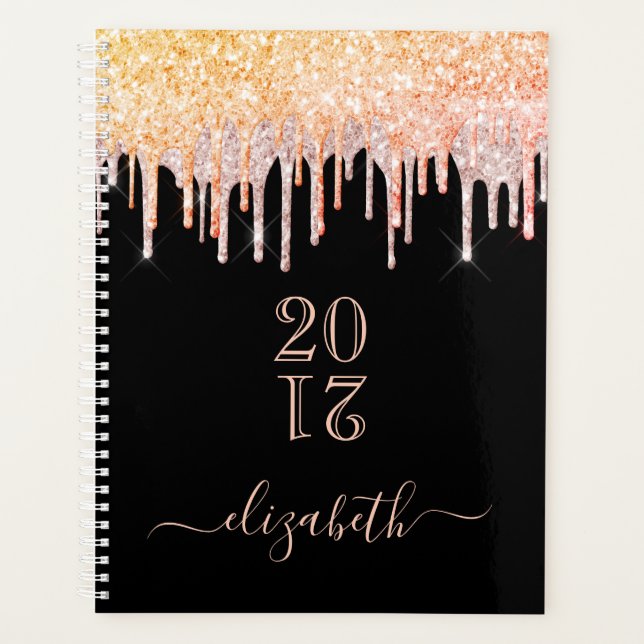 Rose gold Rosa Glitzer Tropfen Schwarzer Name 2024 Planer (Vorderseite)