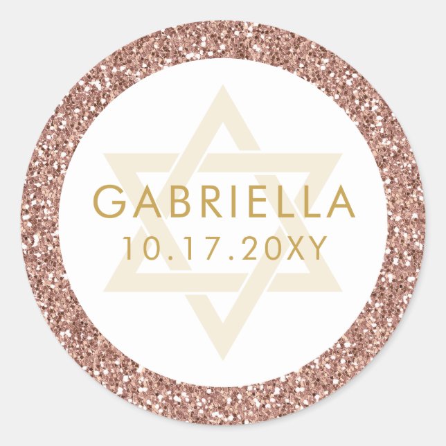 Rose Gold Rosa Glitzer und Gold Bat Mitzvah Runder Aufkleber (Vorderseite)