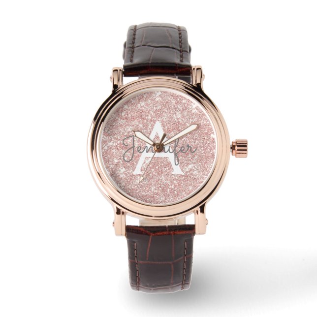 Rose Gold Rosa Glitzer und Sparkronen Monogramm Armbanduhr (Vorderseite)