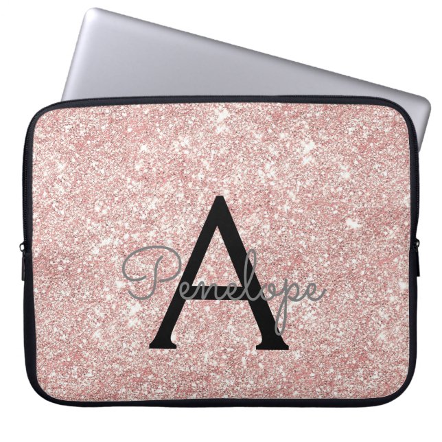 Rose Gold Rosa Glitzer und Sparkronen Monogramm Laptopschutzhülle (Vorderseite)