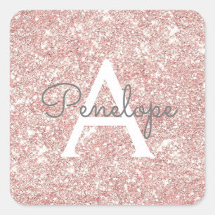 Rose Gold Rosa Glitzer und Sparkronen Monogramm Quadratischer Aufkleber