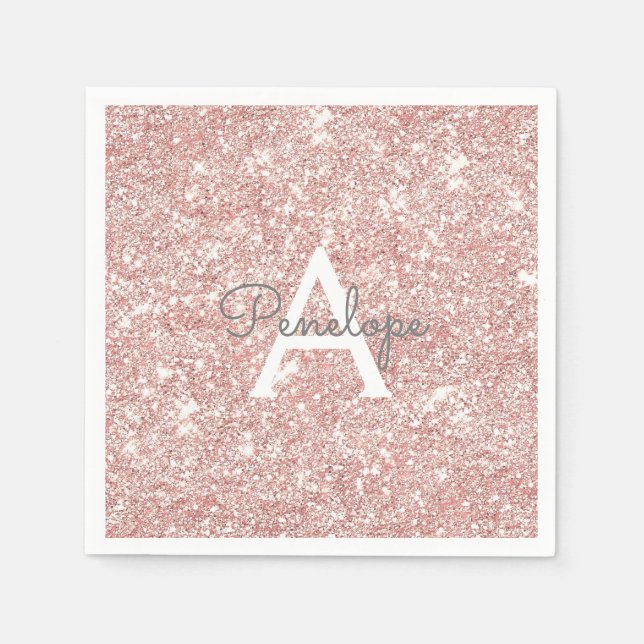 Rose Gold Rosa Glitzer und Sparkronen Monogramm Serviette (Vorderseite)