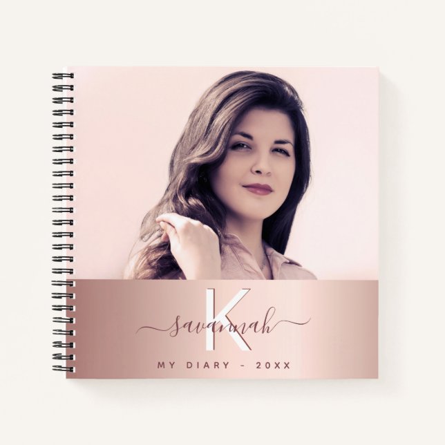 Rose Gold Rosa, kundenspezifisches Foto Monogramm Notizbuch (Vorderseite)