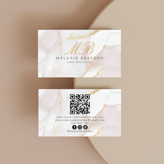 Rose Gold Rosa Marmormor Monogram QR Code Visitenkarte (Von Creator hochgeladen)