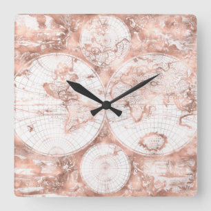 Rose Gold Rosa Metall Glitter Antik Weltkarte Quadratische Wanduhr