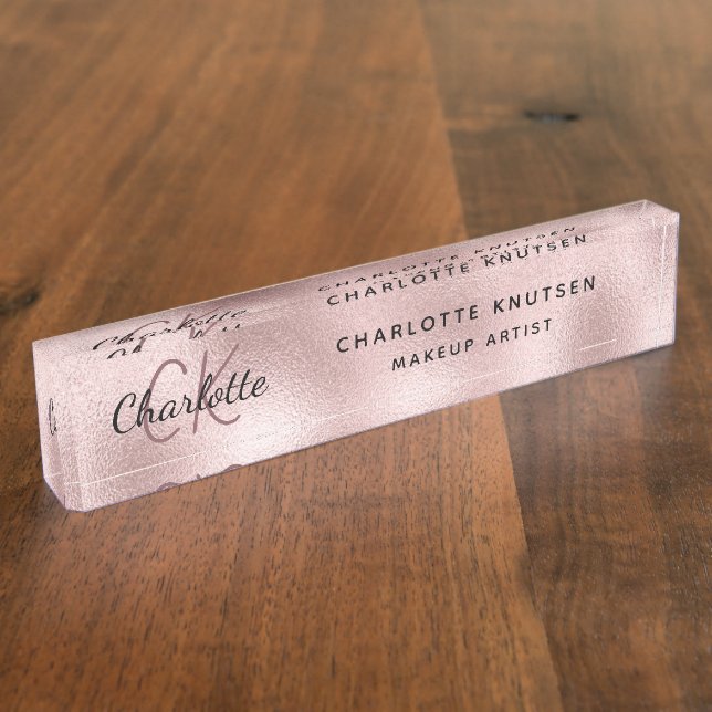 Rose gold rosa Monogramm modern beruflich Namensplakette (Seite)