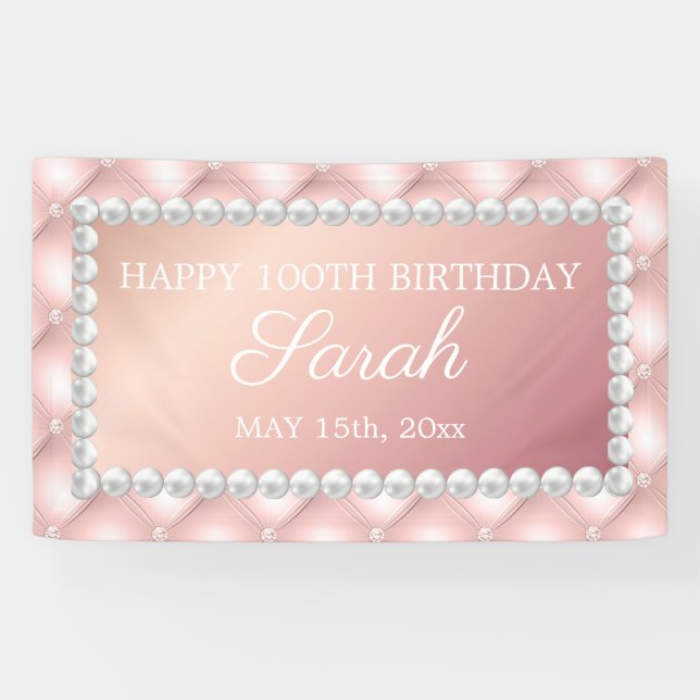 Rose Gold Rosa Perlen 100. Geburtstag Banner (Horizontal)