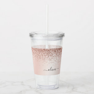 Rose Gold - Rosa Rosa Glitzer Metal Monogramm Name Acryltrinkbecher