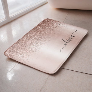 Rose Gold - Rosa Rosa Glitzer Metal Monogramm Name Badematte