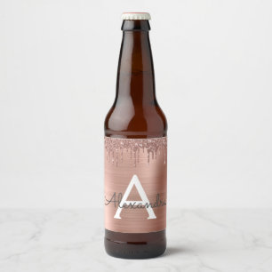 Rose Gold - Rosa Rosa Glitzer Metal Monogramm Name Bierflaschenetikett