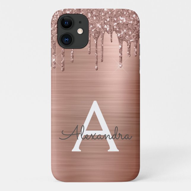 Rose Gold - Rosa Rosa Glitzer Metal Monogramm Name Case-Mate iPhone Hülle (Rückseite)