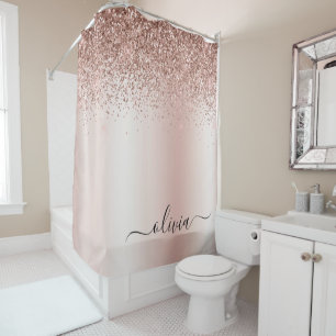 Rose Gold - Rosa Rosa Glitzer Metal Monogramm Name Duschvorhang