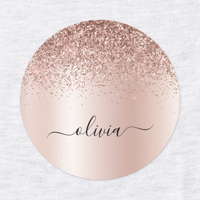 Rose Gold - Rosa Rosa Glitzer Metal Monogramm Name Etiketten (Design 1)