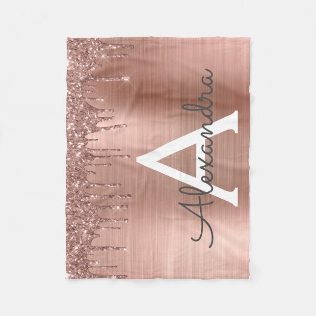 Rose Gold - Rosa Rosa Glitzer Metal Monogramm Name Fleecedecke (Vorderseite)