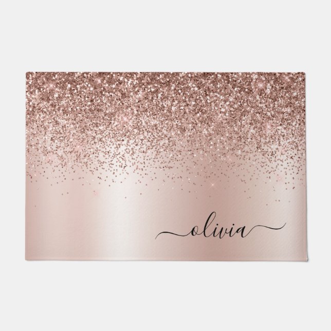 Rose Gold - Rosa Rosa Glitzer Metal Monogramm Name Fußmatte (Vorderseite)