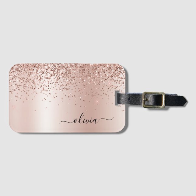 Rose Gold - Rosa Rosa Glitzer Metal Monogramm Name Gepäckanhänger (Vorderseite (Horizontal))