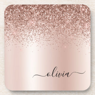 Rose Gold - Rosa Rosa Glitzer Metal Monogramm Name Getränkeuntersetzer