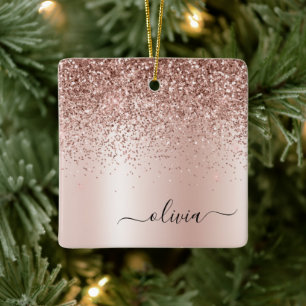 Rose Gold - Rosa Rosa Glitzer Metal Monogramm Name Keramikornament