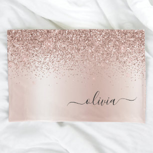 Rose Gold - Rosa Rosa Glitzer Metal Monogramm Name Kissenbezug