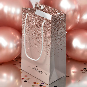 Rose Gold - Rosa Rosa Glitzer Metal Monogramm Name Kleine Geschenktüte