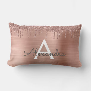 Rose Gold - Rosa Rosa Glitzer Metal Monogramm Name Lendenkissen
