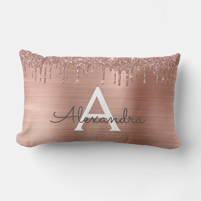 Rose Gold - Rosa Rosa Glitzer Metal Monogramm Name Lendenkissen (Vorderseite)