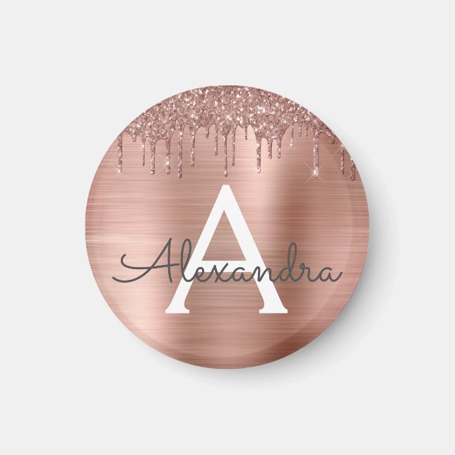 Rose Gold - Rosa Rosa Glitzer Metal Monogramm Name Magnet (Vorne)