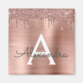 Rose Gold - Rosa Rosa Glitzer Metal Monogramm Name Magnet