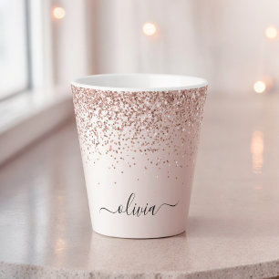 Rose Gold - Rosa Rosa Glitzer Metal Monogramm Name Milchtasse