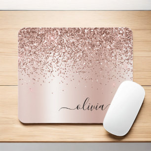 Rose Gold - Rosa Rosa Glitzer Metal Monogramm Name Mousepad