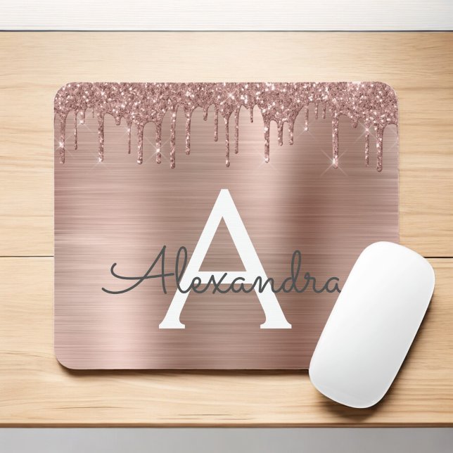 Rose Gold - Rosa Rosa Glitzer Metal Monogramm Name Mousepad (Von Creator hochgeladen)