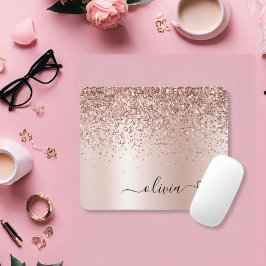 Rose Gold - Rosa Rosa Glitzer Metal Monogramm Name Mousepad