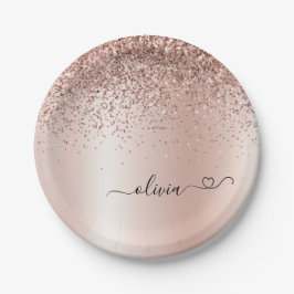 Rose Gold - Rosa Rosa Glitzer Metal Monogramm Name Pappteller