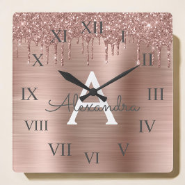 Rose Gold - Rosa Rosa Glitzer Metal Monogramm Name Quadratische Wanduhr
