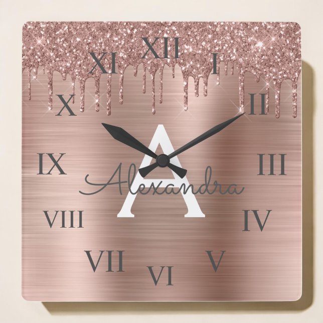 Rose Gold - Rosa Rosa Glitzer Metal Monogramm Name Quadratische Wanduhr (Von Creator hochgeladen)