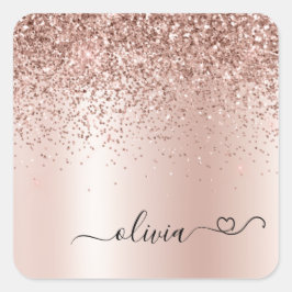 Rose Gold - Rosa Rosa Glitzer Metal Monogramm Name Quadratischer Aufkleber